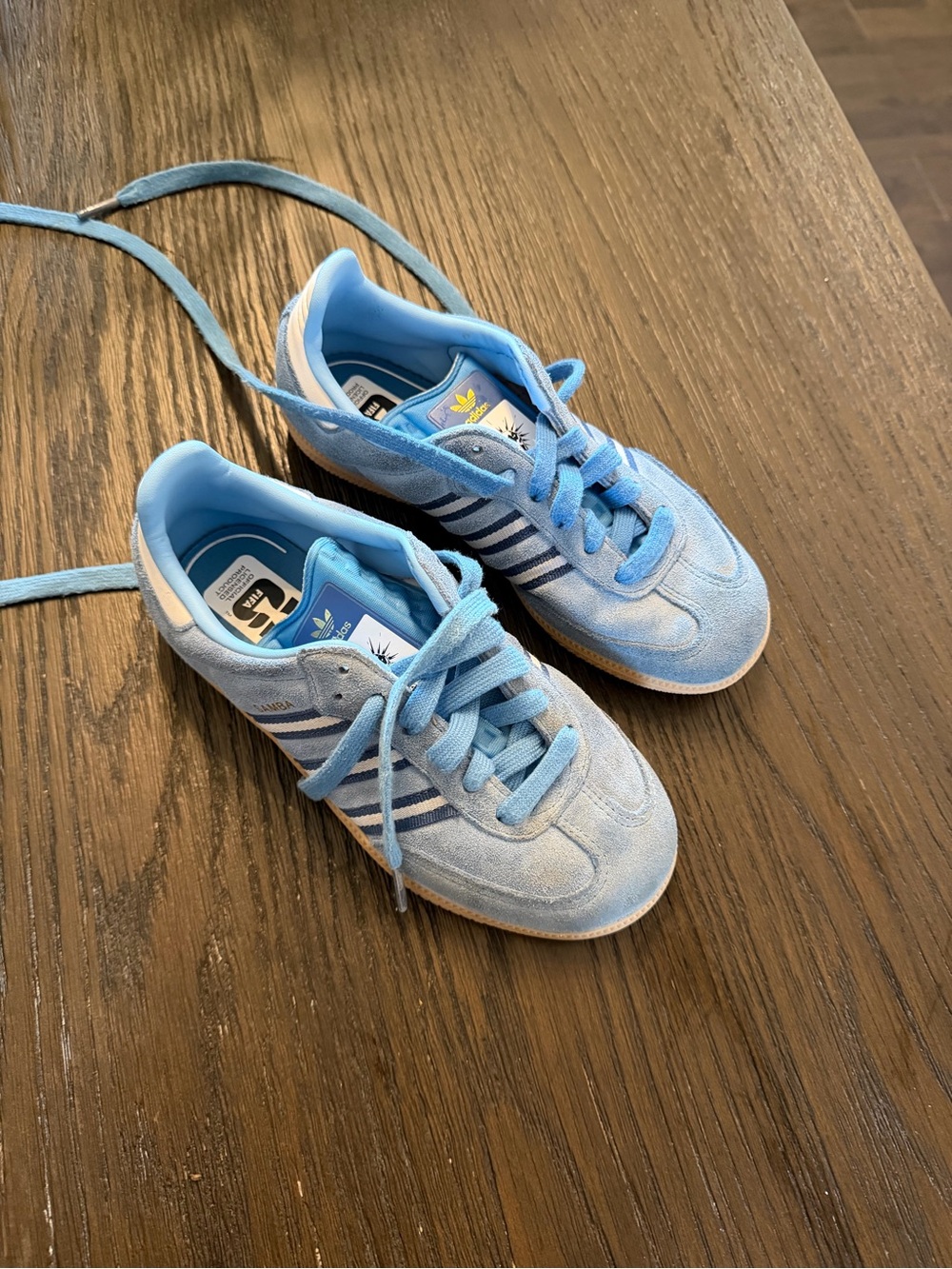 adidas Kids Light Blue Suede Sneakers with White Stripes